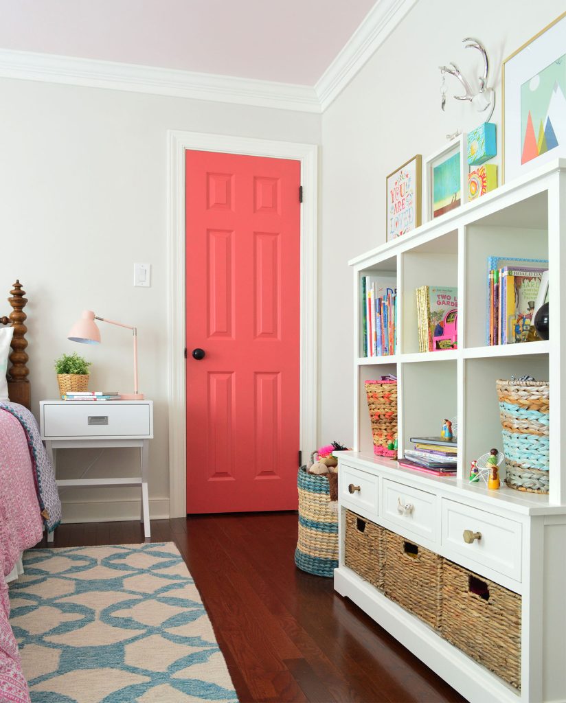 Girls Bedroom With Greige Walls And Simply White Trim And Pink Door