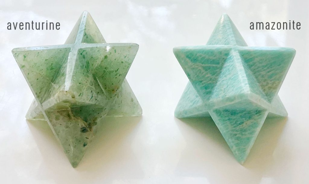 Side by side comparison of aventurine and amazonite crystals
