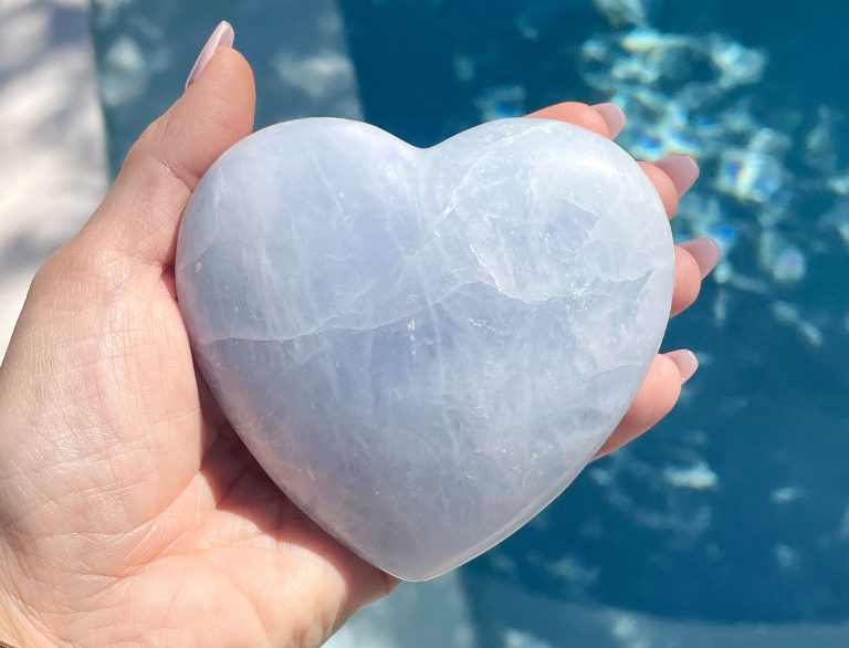 Blue Calcite Heart Crystal Over Water