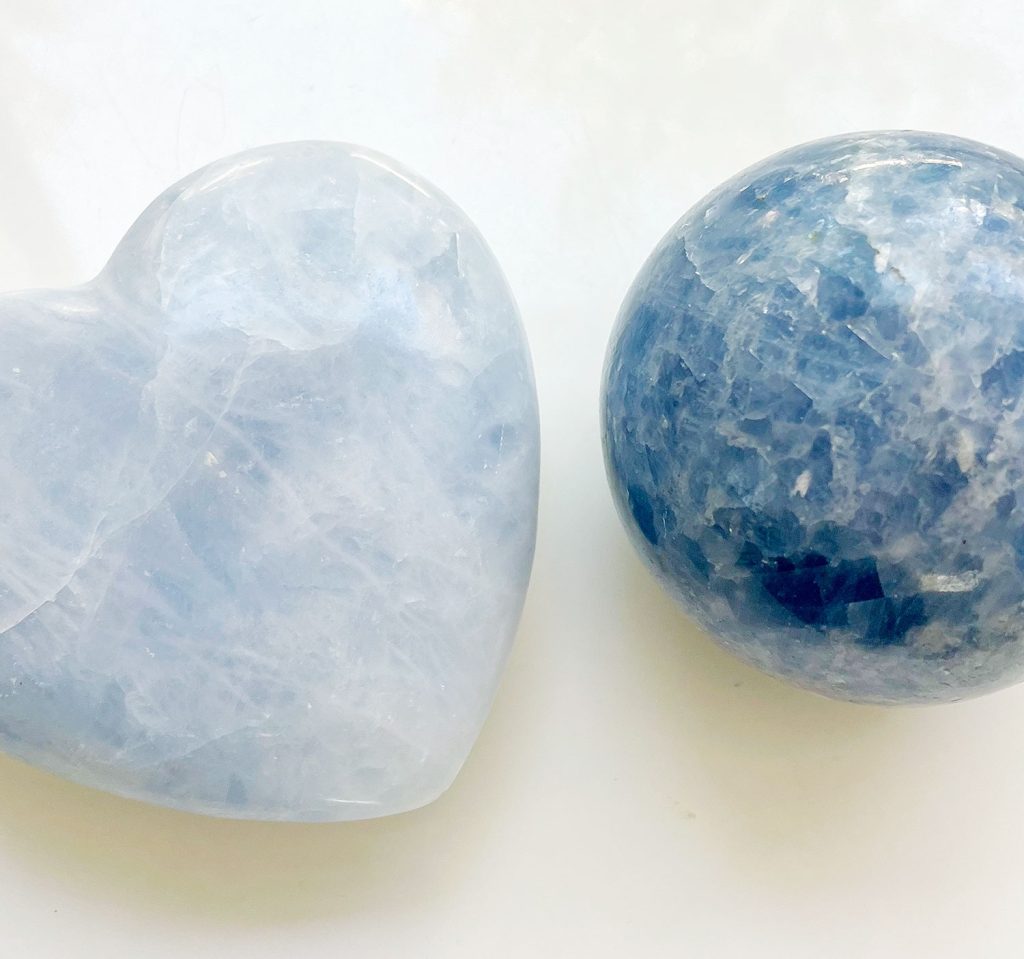 Blue Calcite Crystal Heart And Polished Sphere