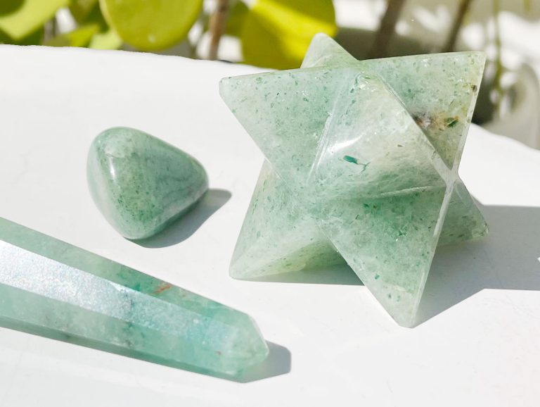 Close up of green aventurine crystal gemstone collection