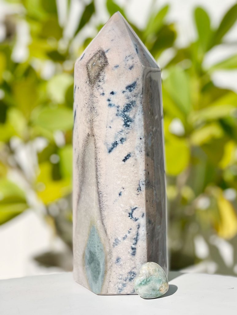 Ocean Jasper Crystal Tower and Small Polished Heart Stone Together