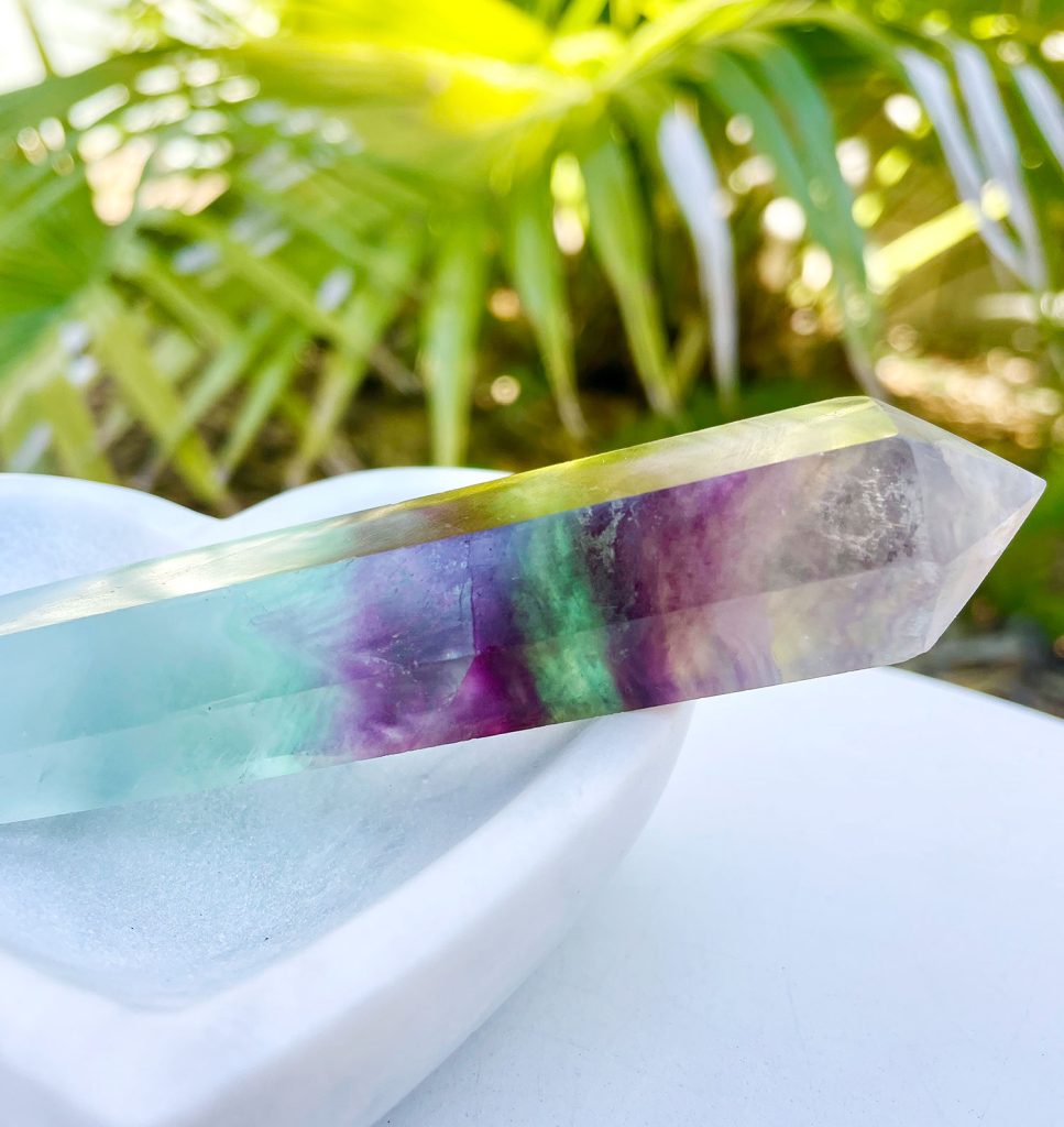 Rainbow Fluorite Crystal In Stone Dish With Plan In Background