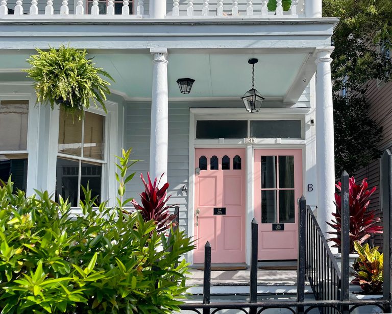 Southern Home With Pink Doors And Haint Blue Porch Ceiling