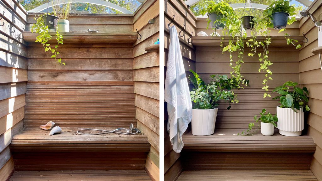 Before And After Of Outdoor Shower With Solid Stain