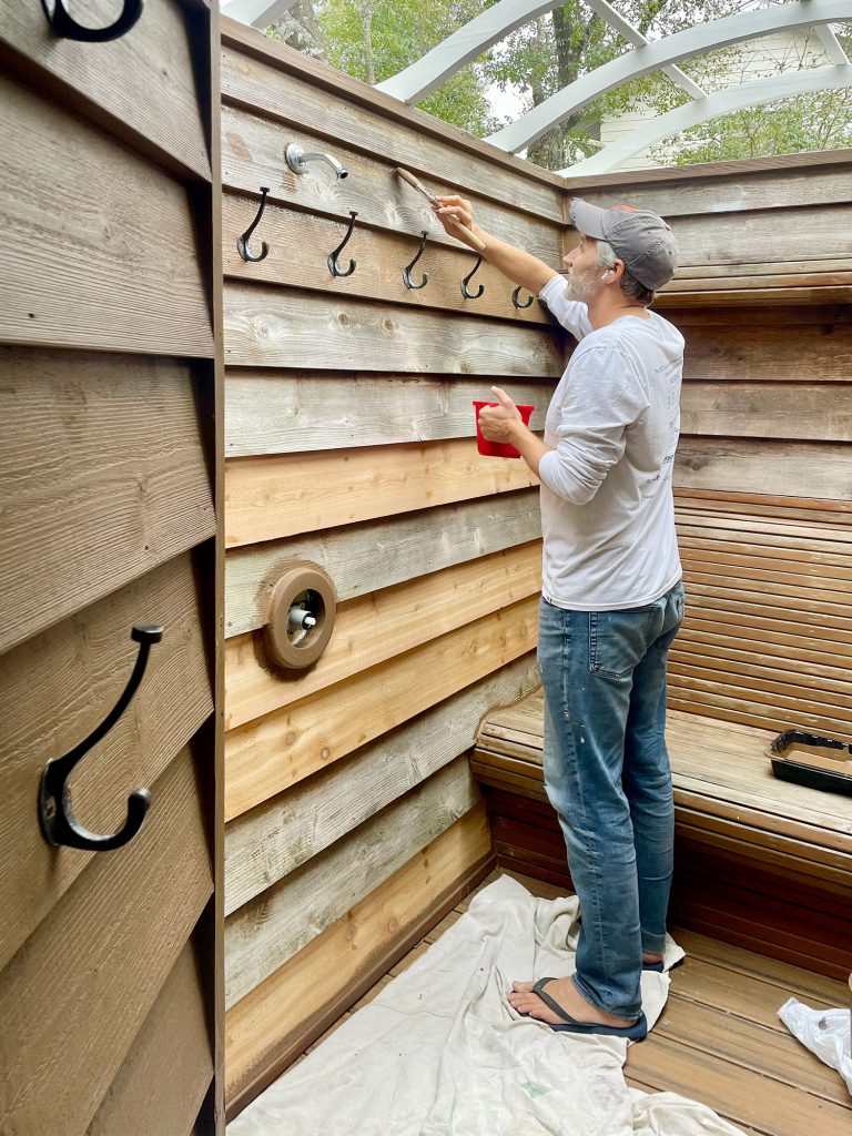 John Brushing Behr Solid Stain On Cedar Outdoor Shower Walls