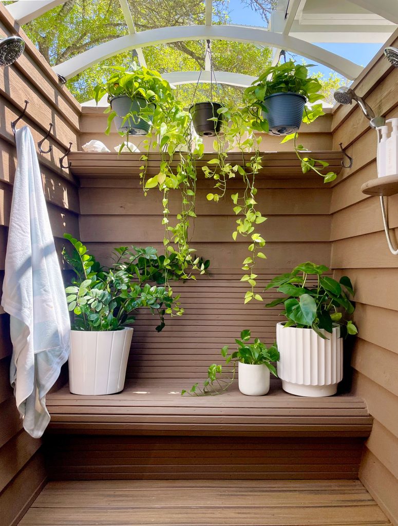 Outdoor Shower With Solid Stain Behr Tugboat Walls And Plants