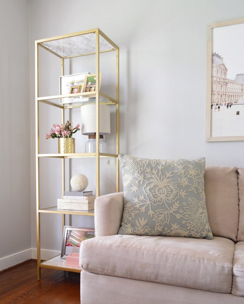 Living Room With Repose Gray Walls And Gold Ikea Shelf