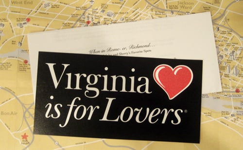 Virginia is for Lovers bumper sticker and map for hotel gift for backyard wedding guests