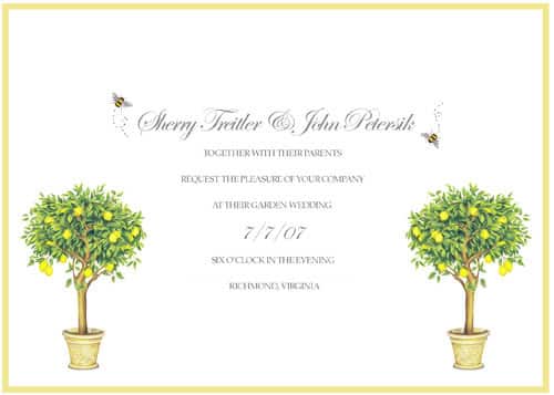 backyard wedding invitation featuring bees and yellow topiaries