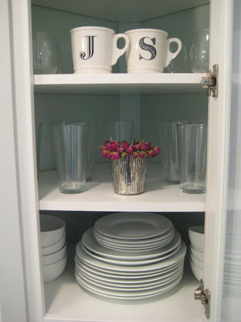 Kitchenware With Married Initials In Glass Fronted Cabinet