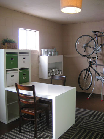 Basement With Desk and Bike Storage