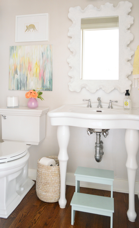 After Photo Of Half Bathroom With Pedestal Sink And Organic Plaster Mirror