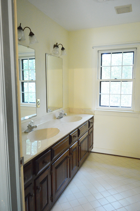 Before Photo Of Hall Bathroom With Dark Wood Double Vanity