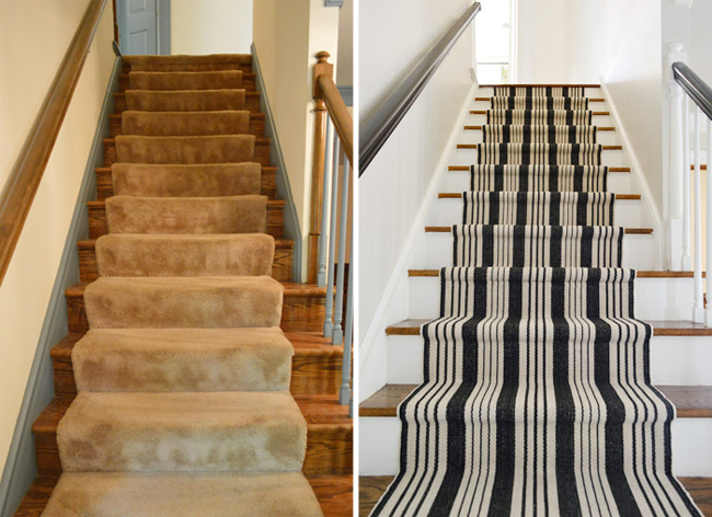 Side By Side Before And After Of Stair Runner With Black And White Stripes