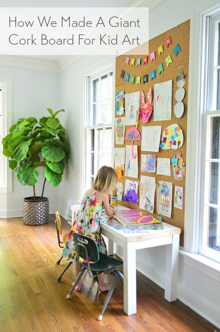 how we made a giant cork board wall for displaying kid art