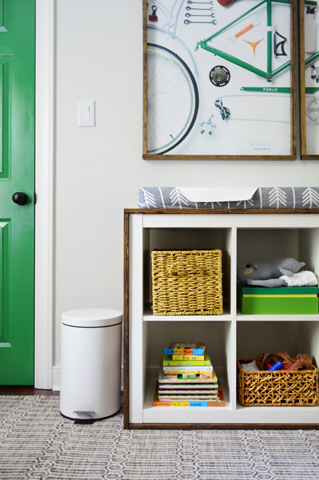 Wood wrapped Ikea Expedit as changing table in nursery