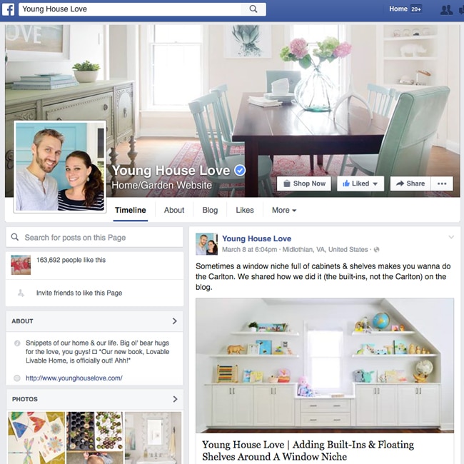 sample of a blogger Facebook page using Young House Love on Facebook
