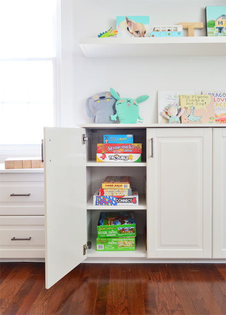 White Ikea cabinetry built ins used to store kids games and toys in bonus room