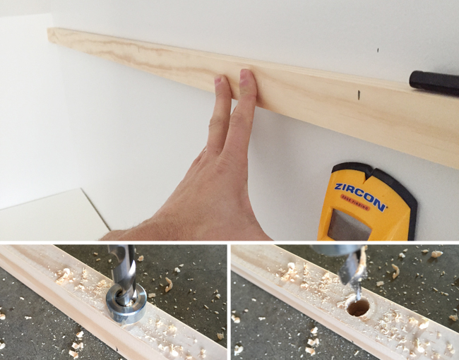 marking the placement of studs on a piece of 1x2 pine wood board and drilling pilot holes to sink screws into