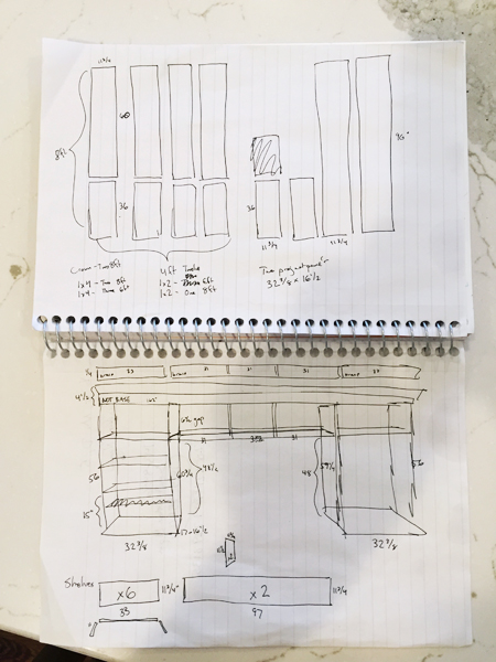 Sketch of DIY built-in bookshelves in notebook