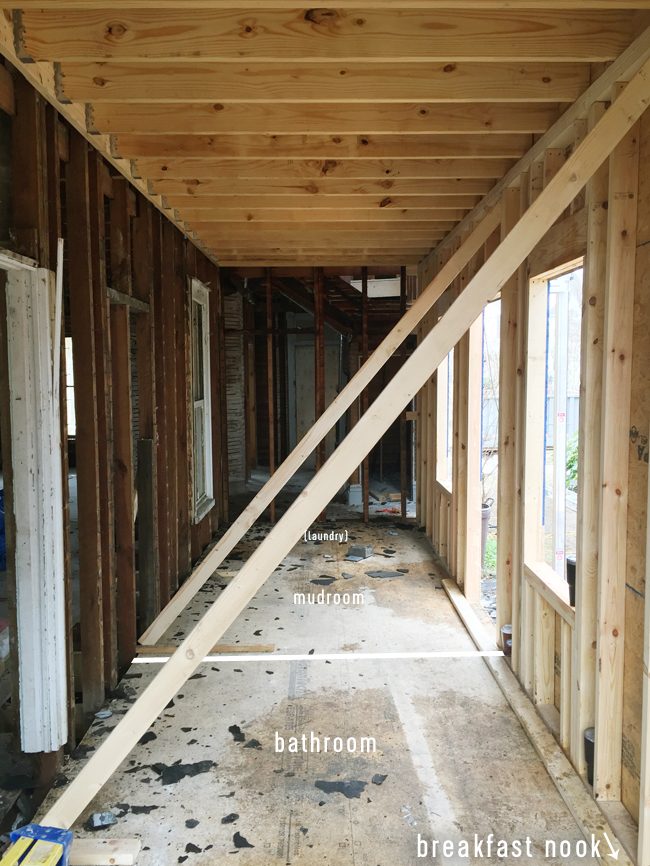 laundry area after demo and reframed with new studs