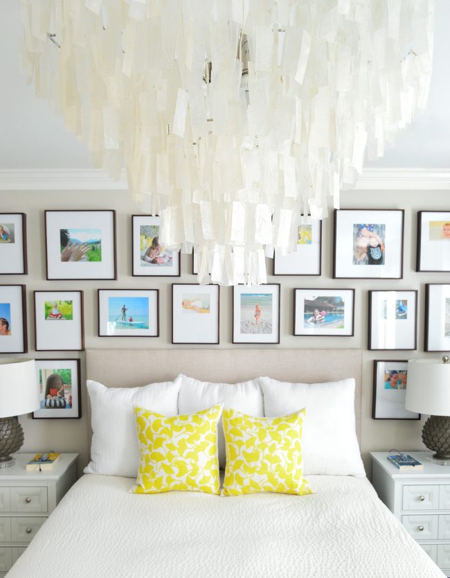 Neutral Bedroom Capiz Chandelier Centered On Bed