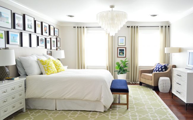 Neutral Bedroom Capiz Chandelier Windows