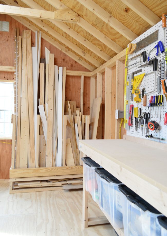 finished scrap wood storage organizer in shed