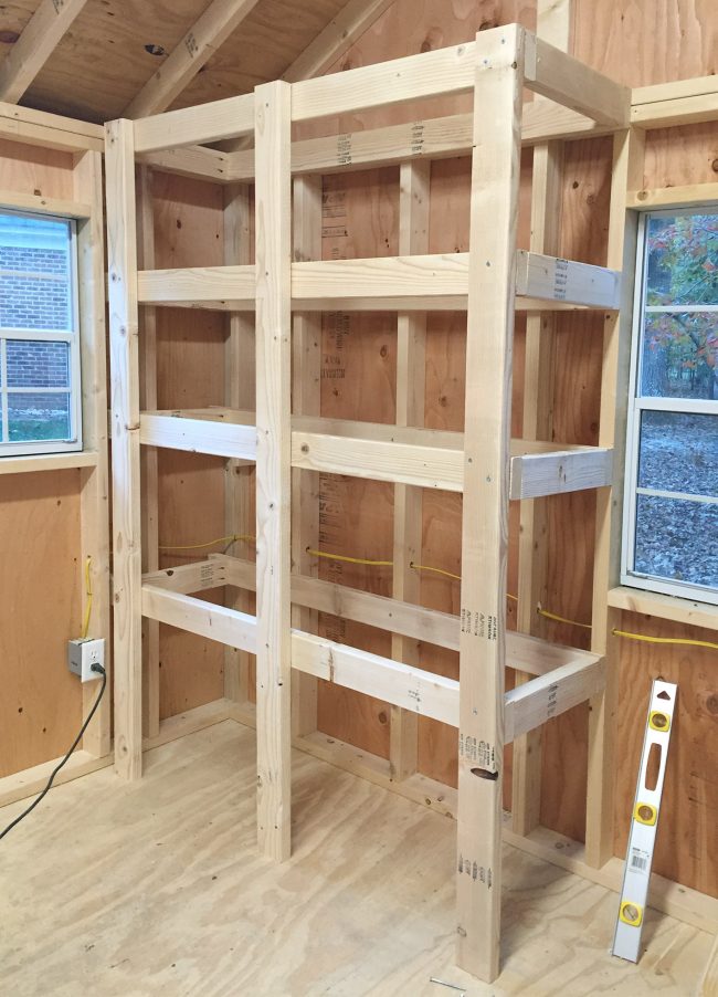 heavy duty wood garage shelving before plywood tops are applied