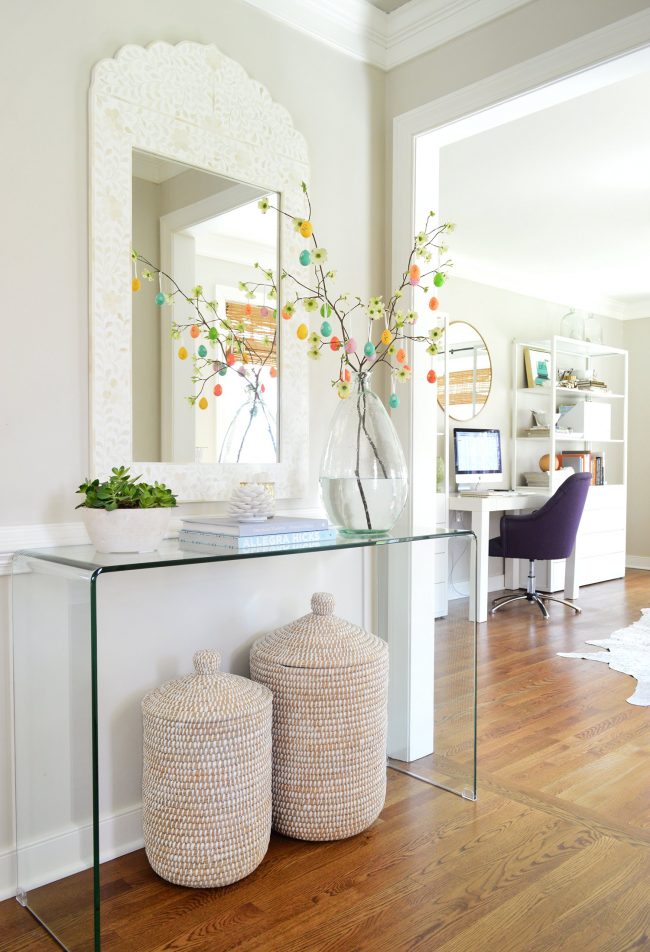 Easter Egg tree in foyer with acrylic console table