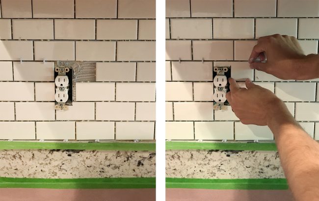 John placing cut subway tile around outlet on kitchen backsplash