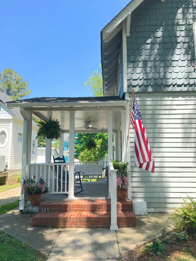 patriotic front porch on shingled beach house