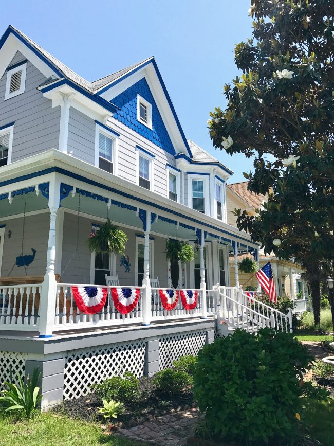 patriotic front porch on gray blue beach home
