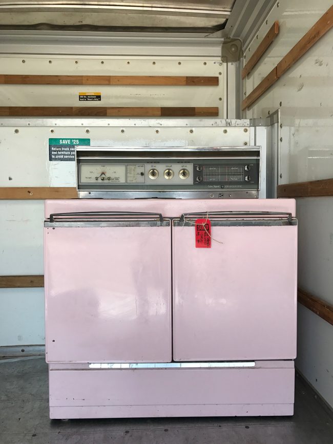 Vintage Pink Stove In Truck Straight On 650x867