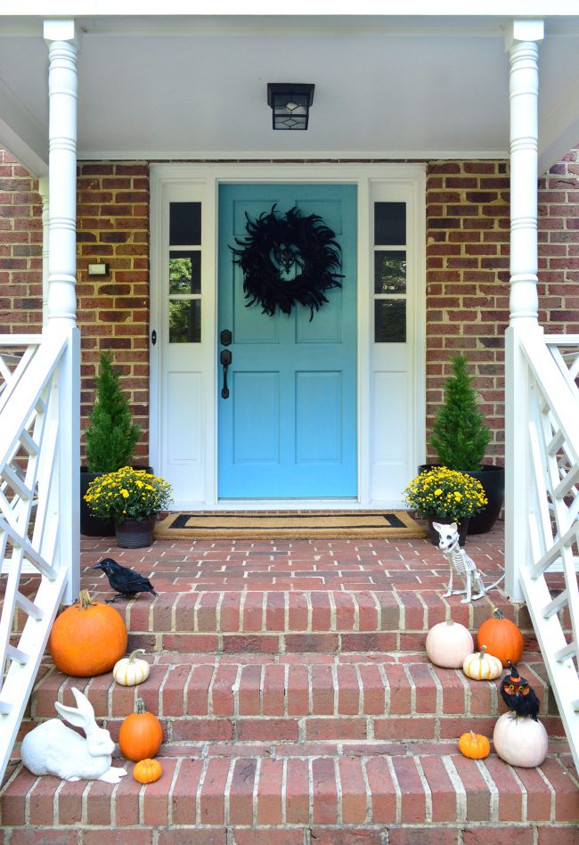 Front Porch Halloween Decor Pumpkins Blue Door Mums