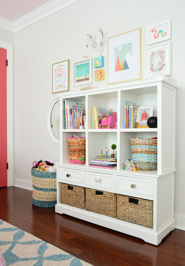 girls bedroom storage bookcase art wall