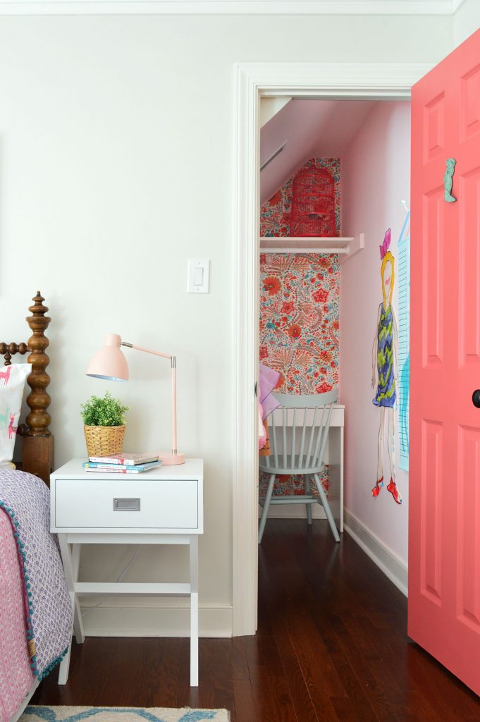 girls bedroom closet pink door wallpaper