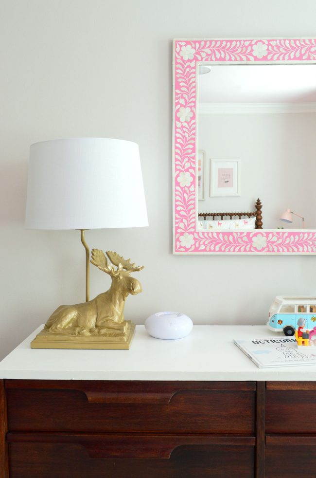 girls bedroom moose lamp pink mirror neutral wall