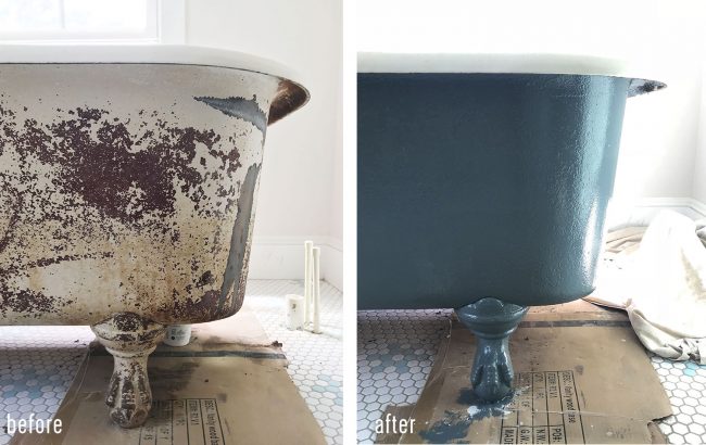 Side by side before and after of refinished clawfoot tub