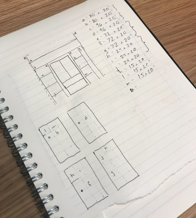 notebook with sketches of pantry shelves with materials outlined