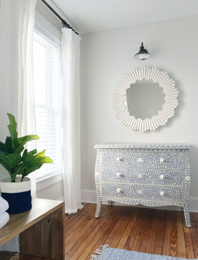 blue gray inlay restoration hardware dresser in beach house nook