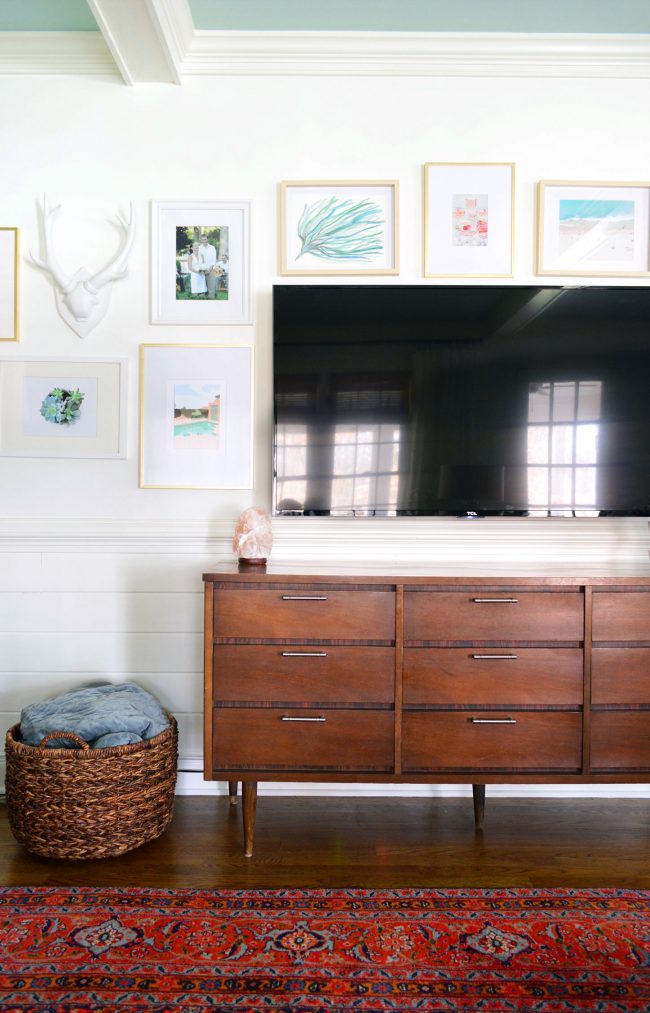 TV Frame Gallery Wall With Floor Basket