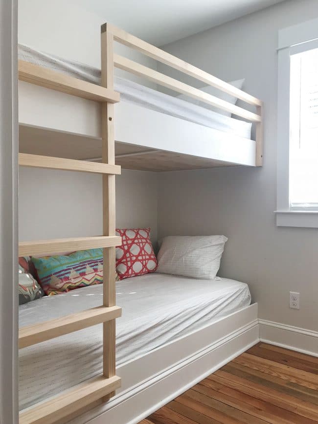 diy built in wall to wall bunk beds before ladder is stained