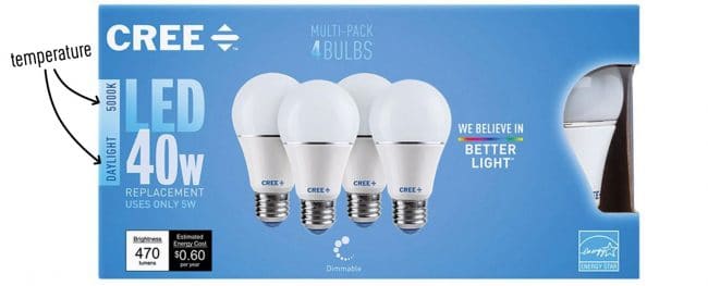 Cree LED light bulb box with Kelvins explained