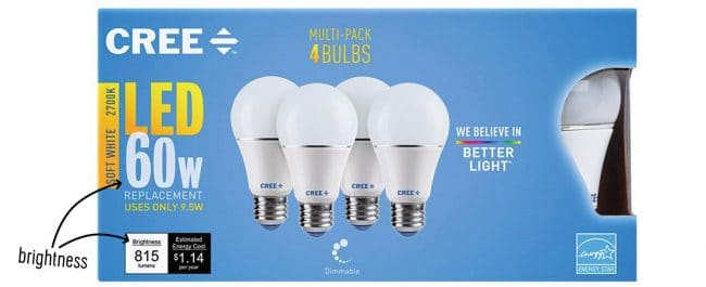 Cree LED light bulb box with Lumens explained