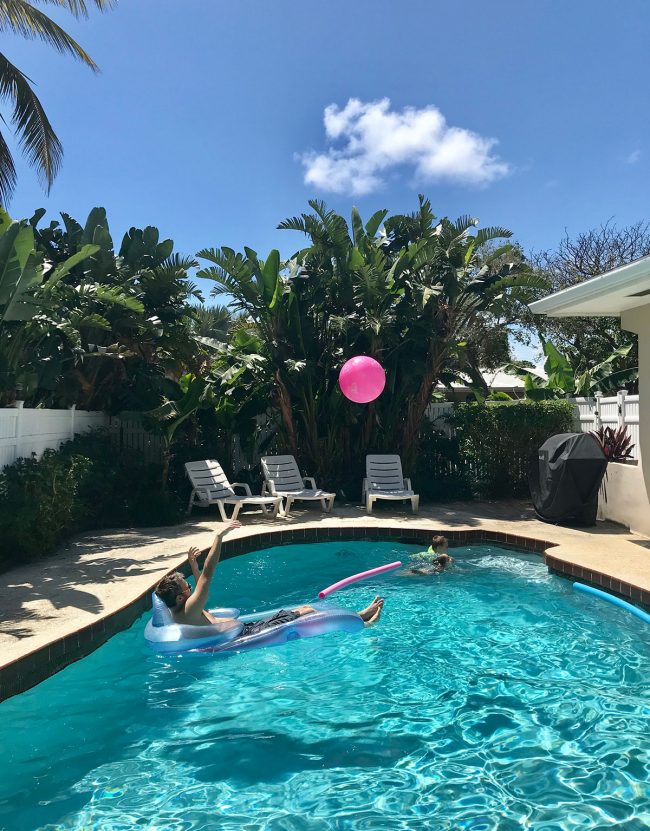 playing in the pool with palm trees around it at beach rental on terra mar island