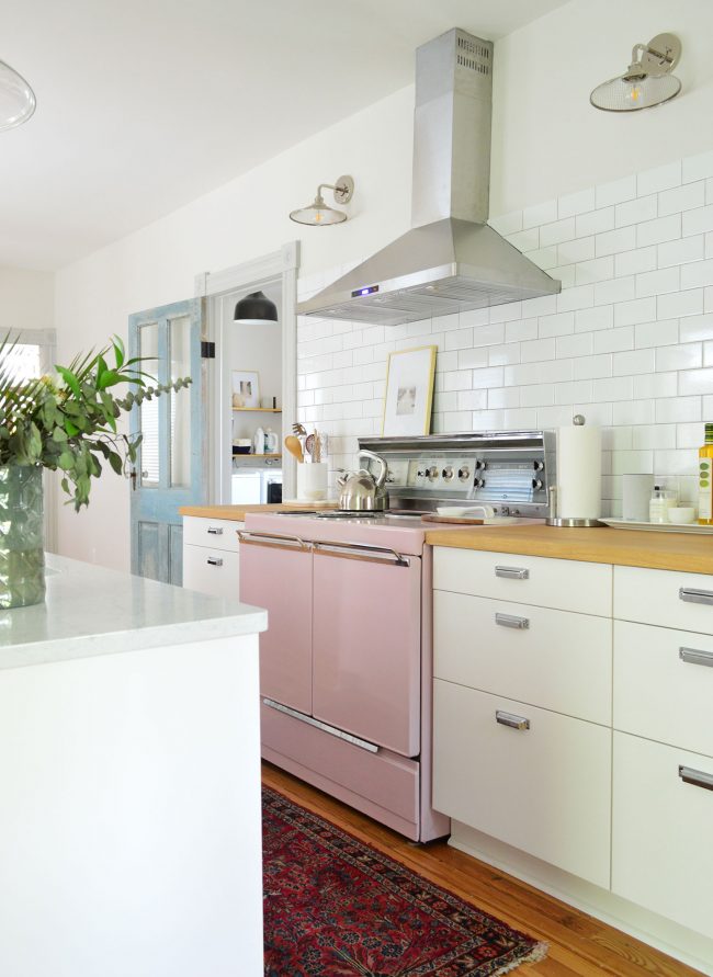 After Photo Of Beach House Kitchen With Vintage Pink Stove Ikea Cabinets And Butcher Block Counters