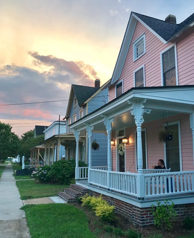 sunset in cape charles va with row of houses 