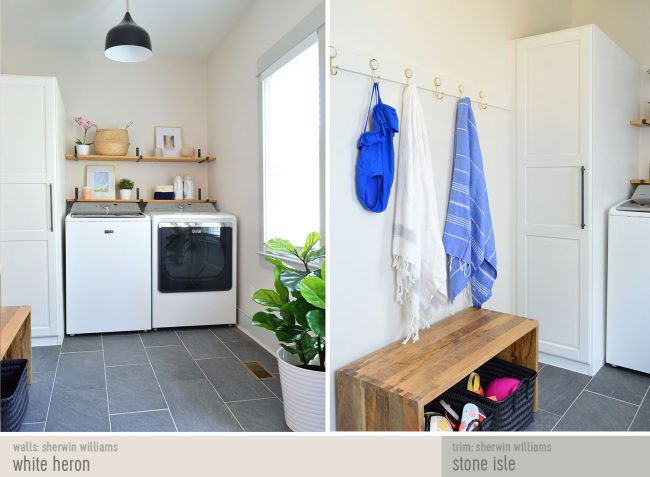 Side-by-Side of Beach House Laundry Mudroom After With Paint Colors | White Heron | Stone Isle